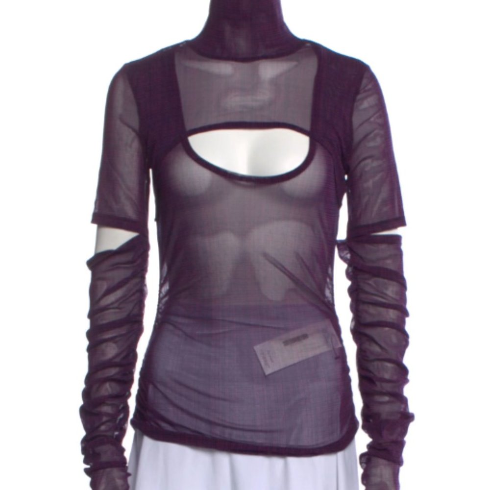 Eckhaus Latta Sheer Purple Shirt Turtleneck w/ Keyholes and Cutouts, Size Medium